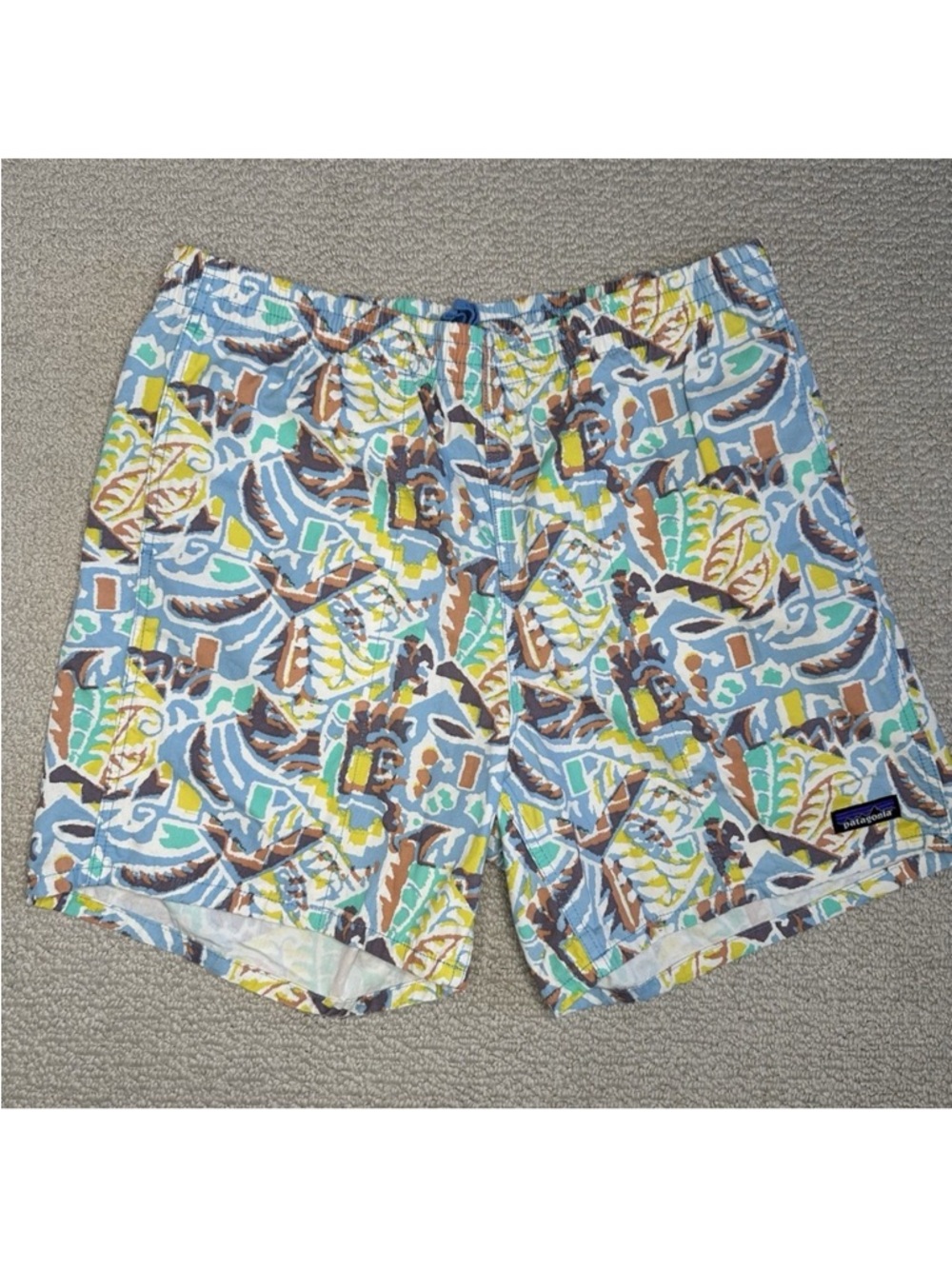 Patagonia Funhoggers Shorts Mens Size L Thriving Planet Lago Blue Pockets Loud